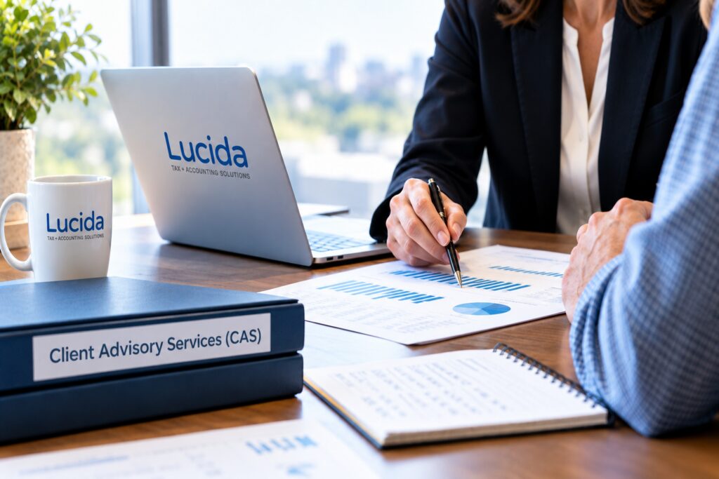 Business owners reviewing financial charts with a CPA for Client Advisory Services (CAS)