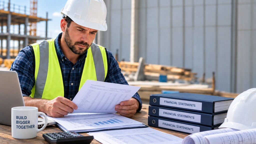 Construction contractor reviewing financial statements for a surety bond