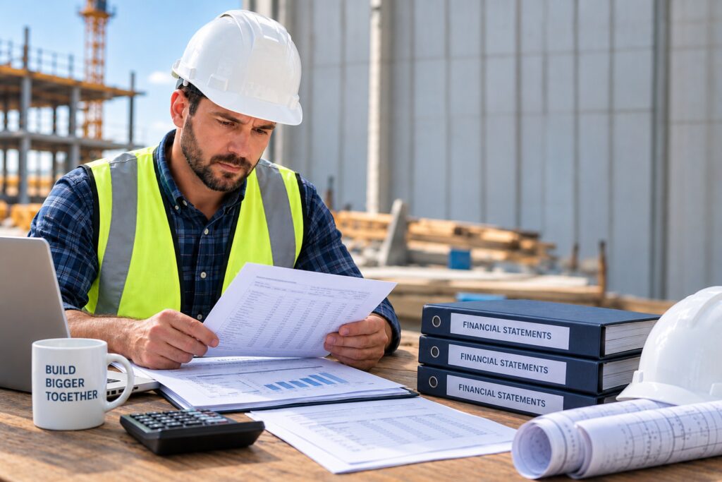 Construction contractor reviewing financial statements for a surety bond